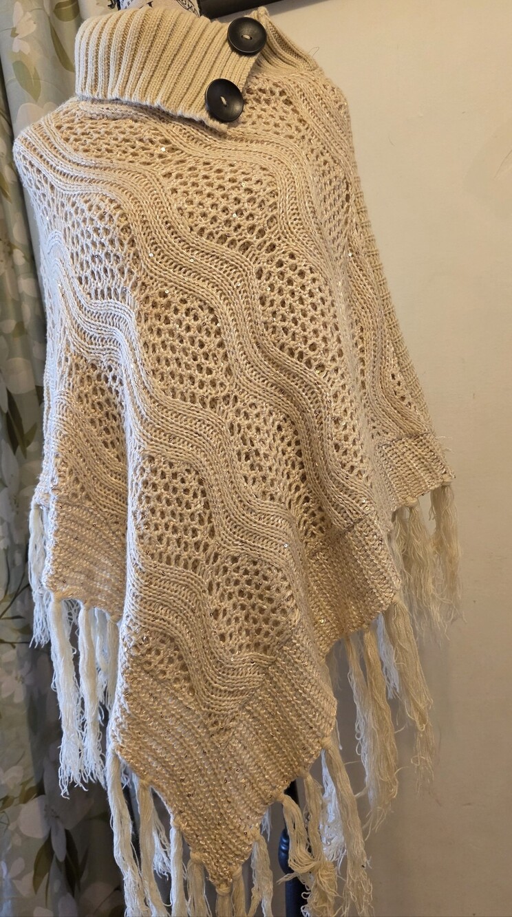 Cream Knit Poncho  with Metallic Thread